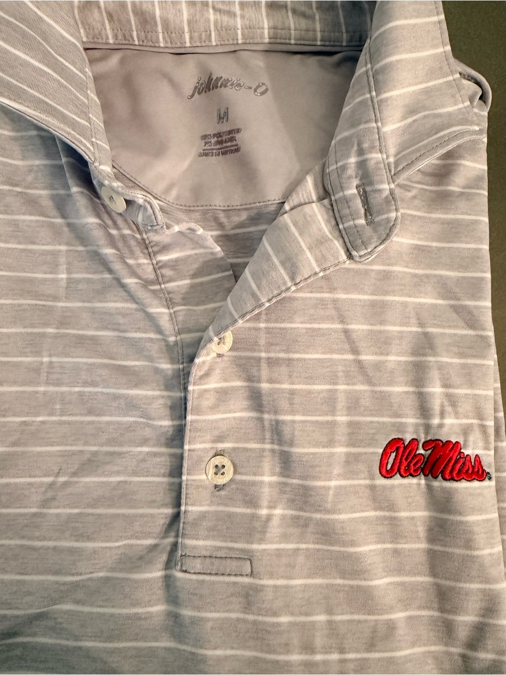 johnnie-O Light Gray and White Striped Polo with Red Ole Miss Embroidery